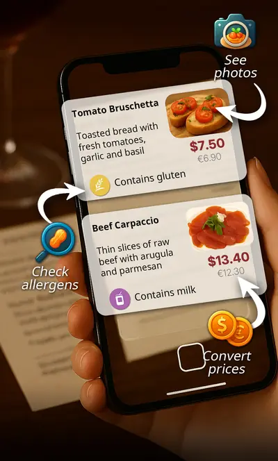 A hand holds a phone over a restaurant menu. MenuGuide shows Tomato Bruschetta and Beef Carpaccio with dish photos, allergen tags (contains gluten, contains milk) and prices converted from euros to dollars.