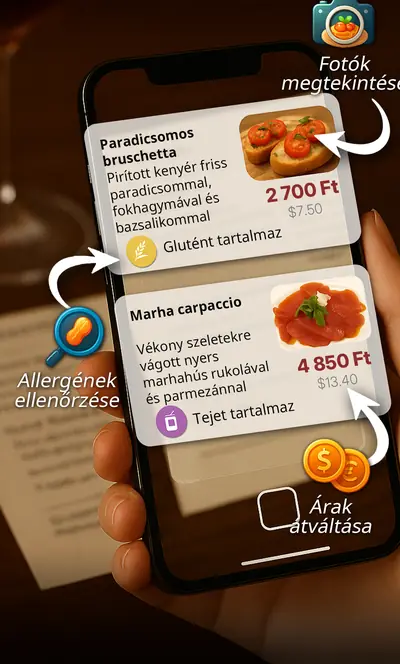 Egy kéz telefont tart egy éttermi étlap fölé. A MenuGuide ételfotókkal, allergéncímkékkel (glutént tartalmaz, tejet tartalmaz) és euróról dollárra átváltott árakkal mutatja a paradicsomos bruschettát és a marhacarpacciót.