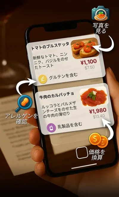 レストランのメニューの上にスマートフォンをかざす手。MenuGuideがトマトのブルスケッタと牛肉のカルパッチョを、料理の写真、アレルゲンタグ（グルテンを含む、乳を含む）、ユーロからドルに換算した価格とともに表示している。