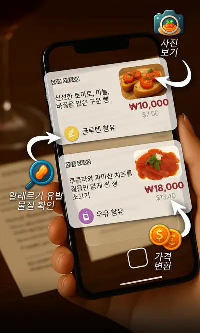 손으로 휴대폰을 식당 메뉴판 위에 대고 있는 모습. MenuGuide가 토마토 브루스케타와 소고기 카르파초를 요리 사진, 알레르기 태그(글루텐 함유, 우유 함유), 유로에서 달러로 환산한 가격과 함께 보여줘요.