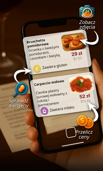Dłoń trzyma telefon nad menu restauracji. MenuGuide pokazuje bruschettę z pomidorami i carpaccio wołowe ze zdjęciami dań, oznaczeniami alergenów (zawiera gluten, zawiera mleko) i cenami przeliczonymi z euro na dolary.