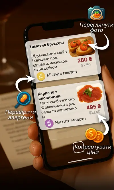 Рука тримає телефон над меню ресторану. MenuGuide показує брускету з помідорами та карпаччо з яловичини з фото страв, позначками алергенів (містить глютен, містить молоко) і цінами, перерахованими з євро в долари.