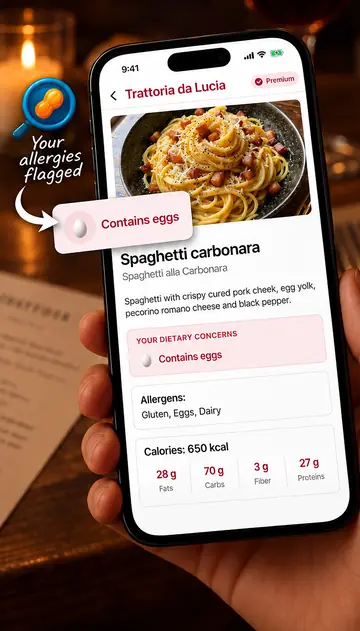 Dish detail for spaghetti carbonara flagged ‘Contains eggs’, allergens gluten, eggs, dairy, 650 kcal