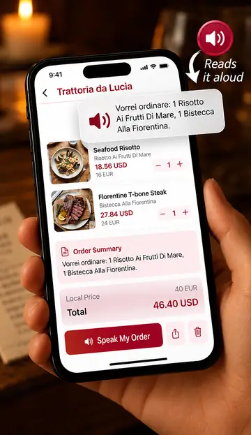 Order summary ‘Vorrei ordinare: 1 Risotto ai frutti di mare, 1 Bistecca alla fiorentina’, total 40 EUR / 46.40 USD, Speak My Order button