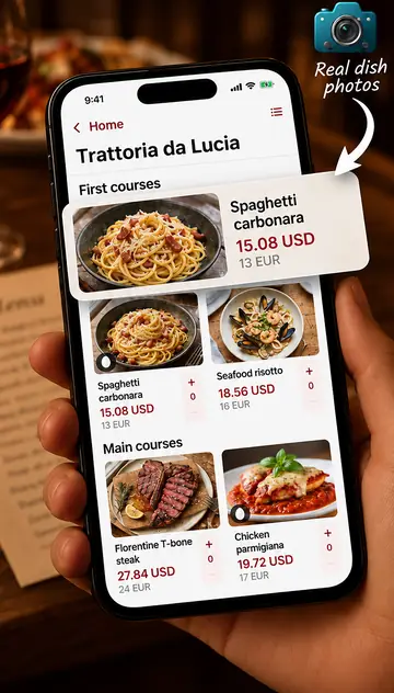Menu grid with photos of spaghetti carbonara, seafood risotto, T-bone steak and chicken parmigiana, prices in USD and EUR