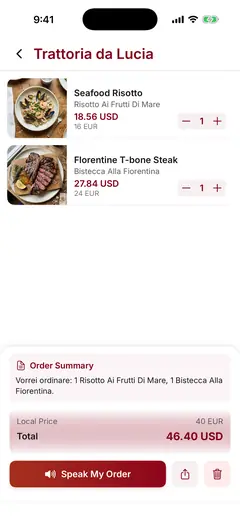 Order summary written in Italian with a ‘Speak My Order’ button