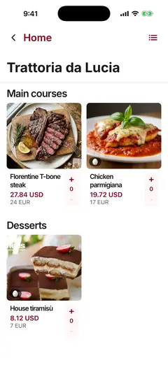 Translated menu ‘Trattoria da Lucia’ with dish photos and prices in US dollars and euros