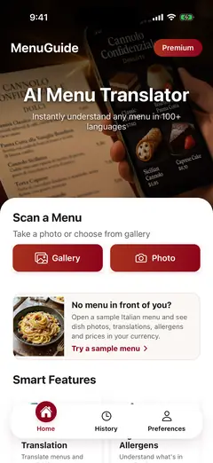 MenuGuide home screen with Photo and Gallery buttons and a ‘Try a sample menu’ card